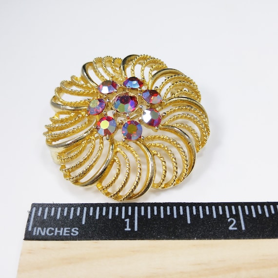 Vintage Lisner Floral Brooch, Red Aurora Borealis… - image 6