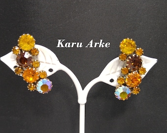 Karu Arke Rhinestones Clip Earrings, Topaz AB Austrian Crystals,  1960s Vintage Jewelry