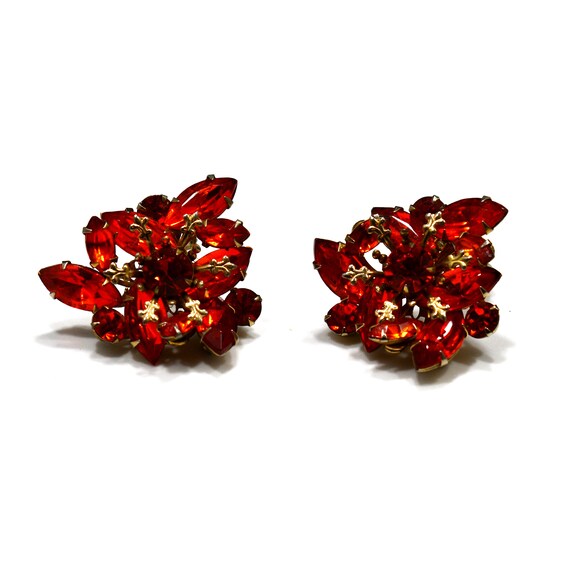 Vintage Bright Orange Rhinestone Gold Tone Clip E… - image 3