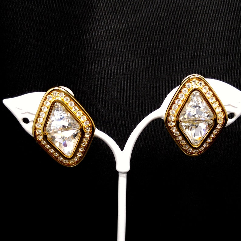 Swarovski Clear Crystal Rhinestone Earrings, Gold Plated, 1990s Vintage Jewelry image 4