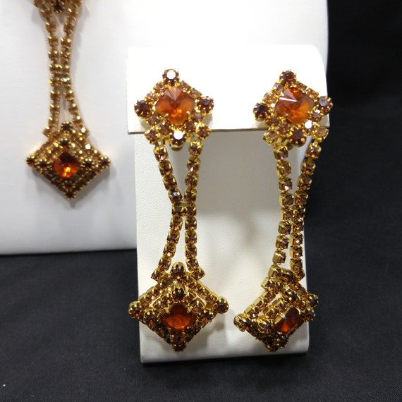 Topaz Glass Rhinestones Long Necklace Earrings, R… - image 3