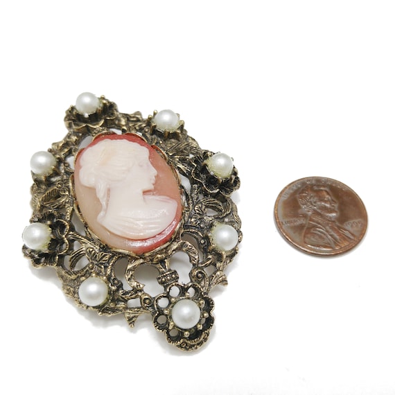 Cameo Faux Pearl Filigree Brooch & Pendant, 1960s… - image 8