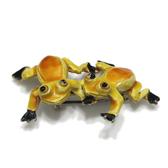 Twin Frogs Enamel Brooch, Two Yellow Gold Black F… - image 2