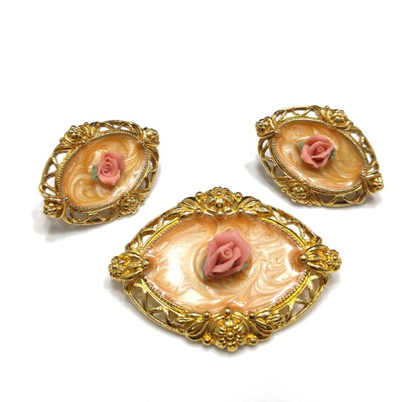 Vintage 1980/'s Gold Tone Acrylic Rectangular Jewel Earring and Brooch Pin Set