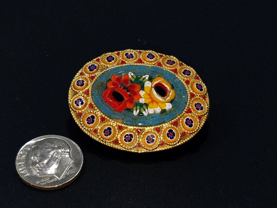 Italian Floral Micro Mosaic Oval Brooch, Murano G… - image 9