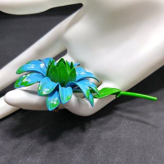 Large Flower Brooch, Blue & Green Enamel on Metal… - image 4