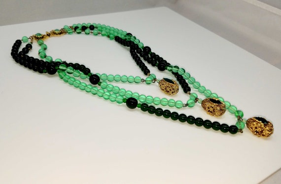 Freirich Green Beaded Necklace. Three Strands, Go… - image 4