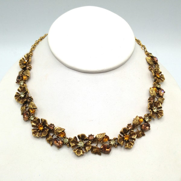 Topaz Rhinestone Floral Choker Necklace, Flower Links, 1960s Vintage Jewelry