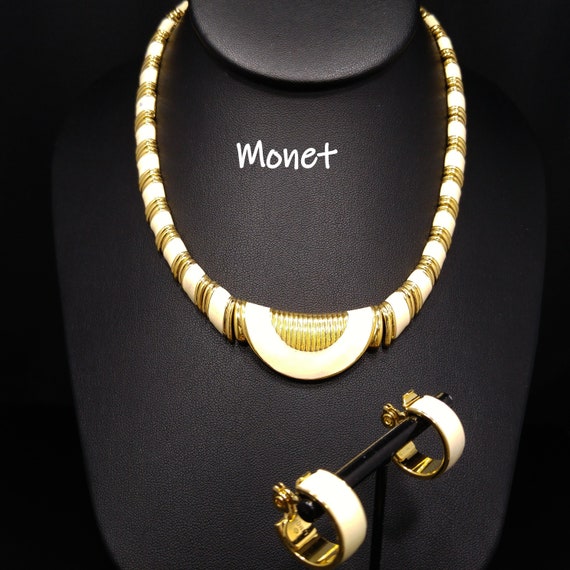 Monet Cream Enamel Gold Plated Necklace & Earring… - image 1