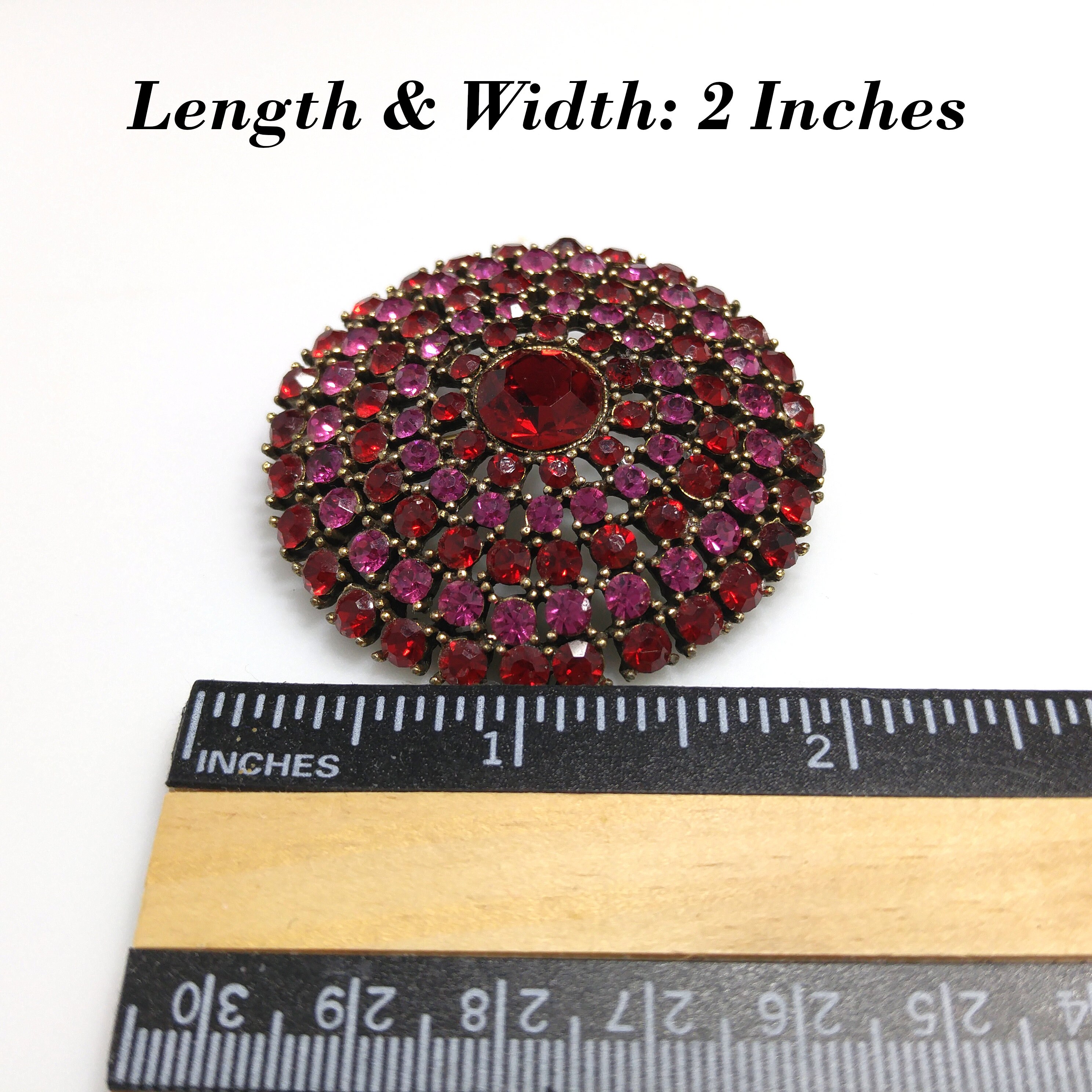 Weiss Red Pink Rhinestone Round Brooch, Gold Plated, 1950s