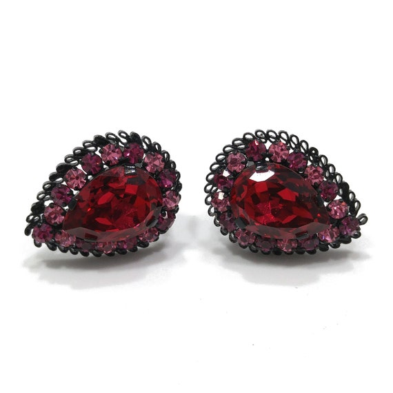 Austrian Red Pink Rhinestone Earrings, Japanned B… - image 5