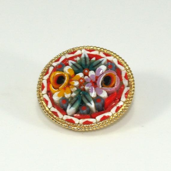 Italy Micro Mosaic Brooch, Raised Floral Design, … - image 10