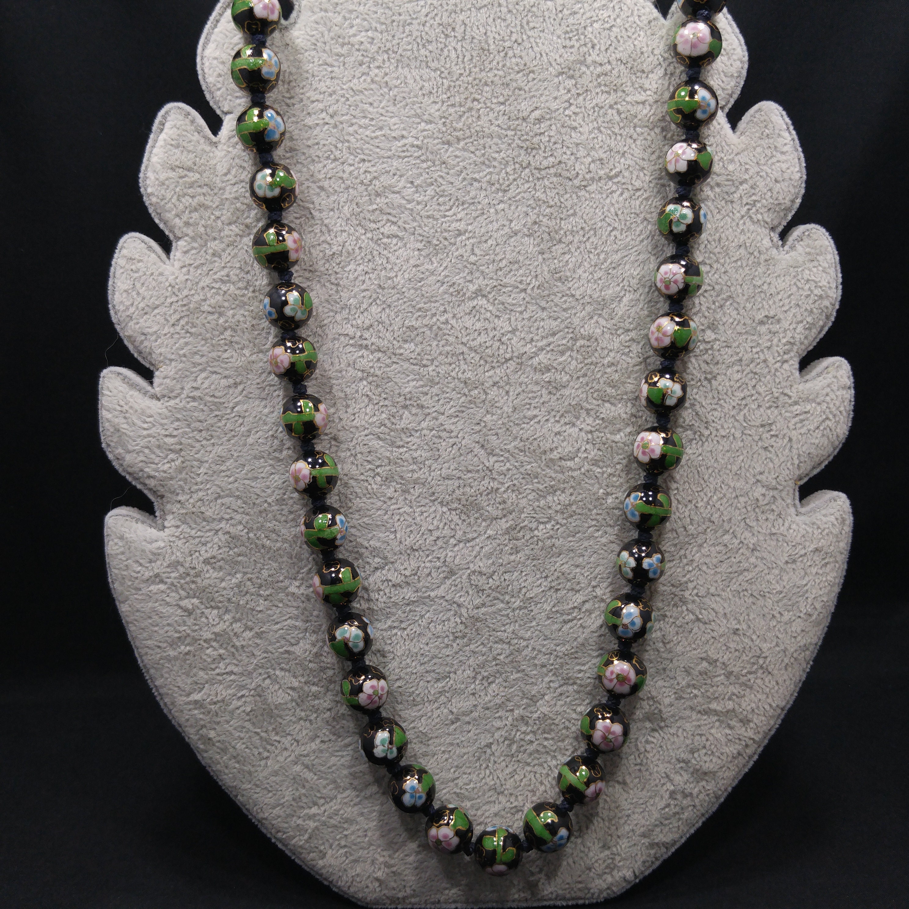 Vintage Black Cloisonné Floral Beaded Necklace, Pink Green