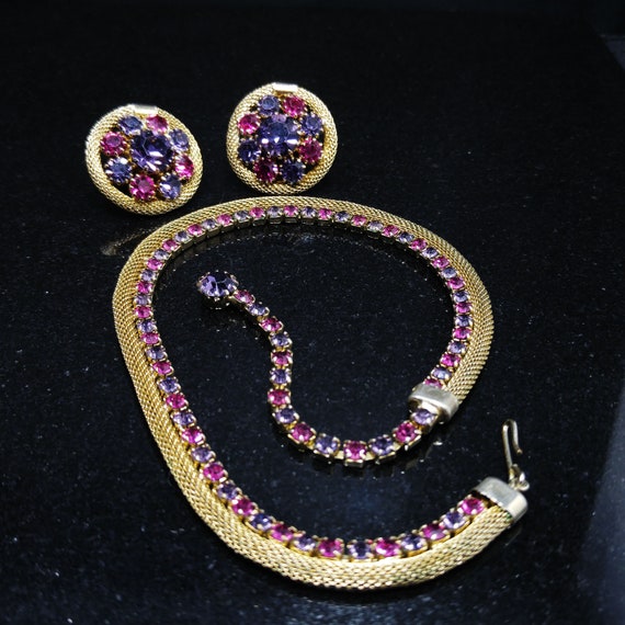 Weiss Mesh Purple Pink Rhinestone Necklace & Earr… - image 5
