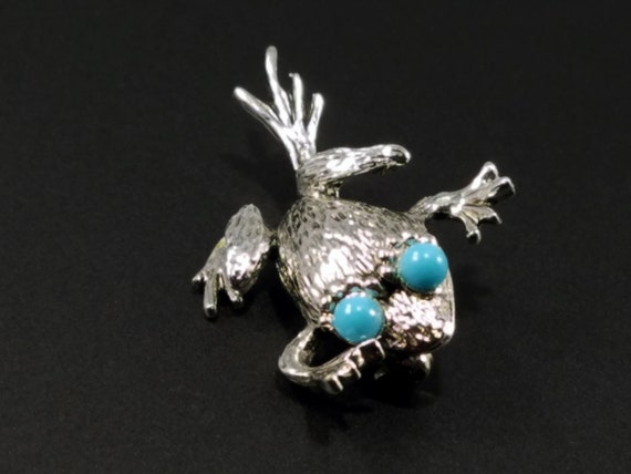 Emmons Frog Brooch, Faux Turquoise, Silver Tone, … - image 8