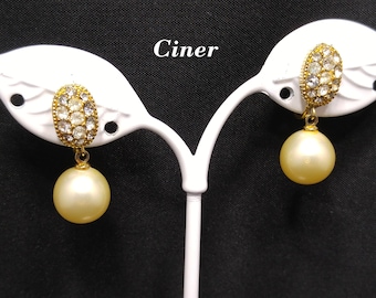 Ciner Faux Pearl Dangle Clip Earrings, Clear Rhinestones, Gold Plated, 1970s Vintage Jewelry