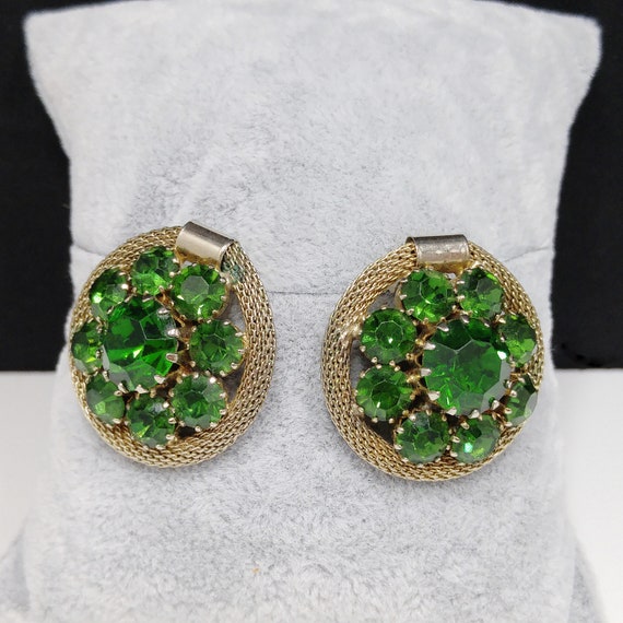 Weiss Green Rhinestone Gold Mesh Earrings, Emeral… - image 6