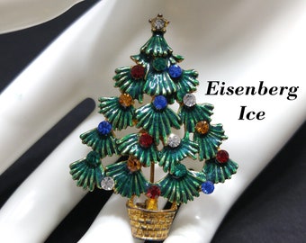 Eisenberg Ice Enamel Christmas Tree Brooch, Multicolored Rhinestones, 1970s Vintage Jewelry