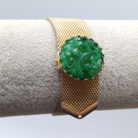 Vintage Napier Green Molded Glass Bracelet, Mesh … - image 3