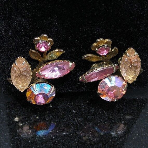 Pink Rhinestone Floral Earrings, Lava Glass, Auro… - image 7