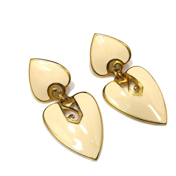 Berebi Cream Enamel Gold Post Earrings, Dangle He… - image 9