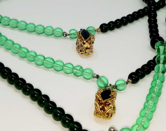 Freirich Green Beaded Necklace. Three Strands, Go… - image 9