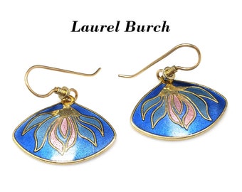 Laurel Burch Floral Dangle Earrings, Blue Metallic Enamel, Gold Plated, 1980s Vintage Jewelry