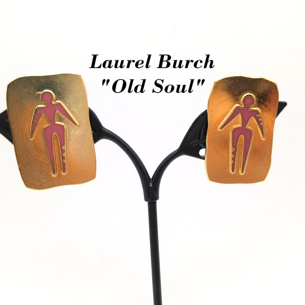Laurel Burch "Old Soul" Clip Earrings, Red Enamel, Gold Plated Satin Finish, 1980s Vintage Jewelry