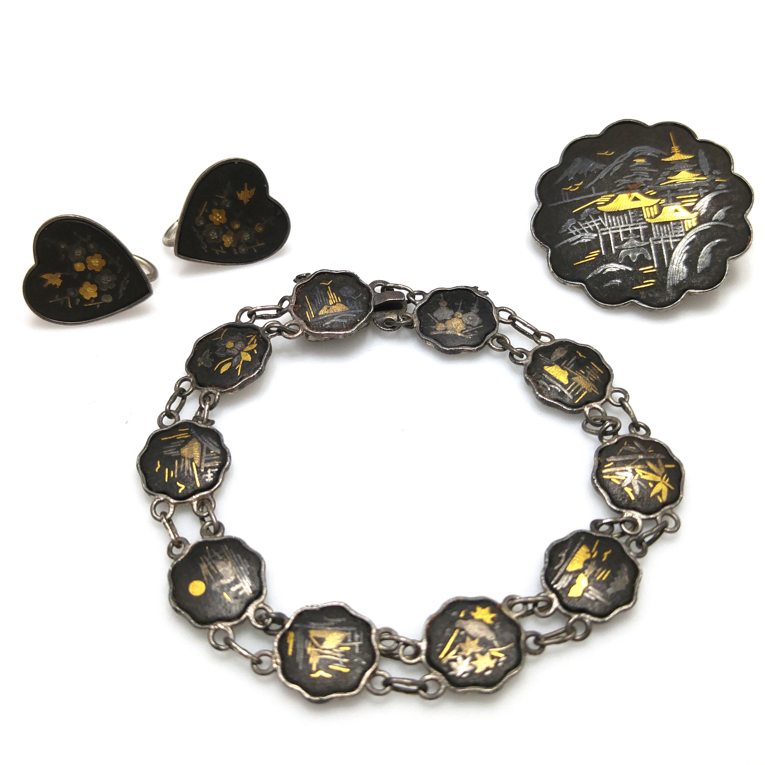 Japanese Damascene Silver Jewelry, Bracelet Brooch Earrings