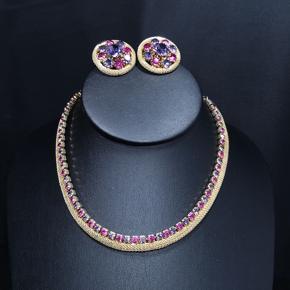 Weiss Mesh Purple Pink Rhinestone Necklace & Earr… - image 4