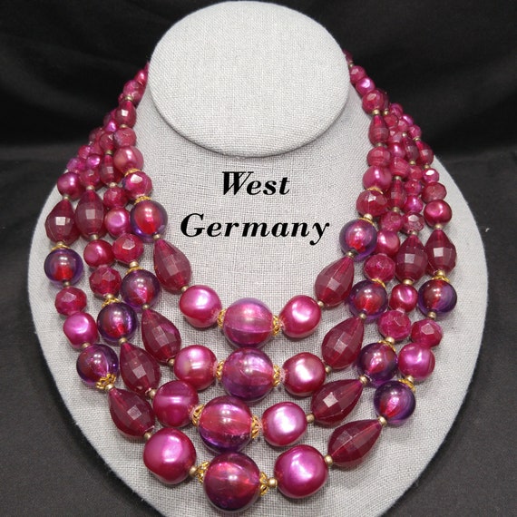 West Germany Cranberry Red Beaded Necklace, Four … - image 1