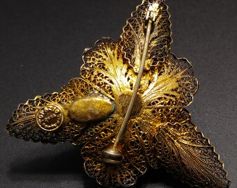 Vintage Topazio Portugal Sterling Silver Filigree Gold Vermeil Flower  Brooch Pin