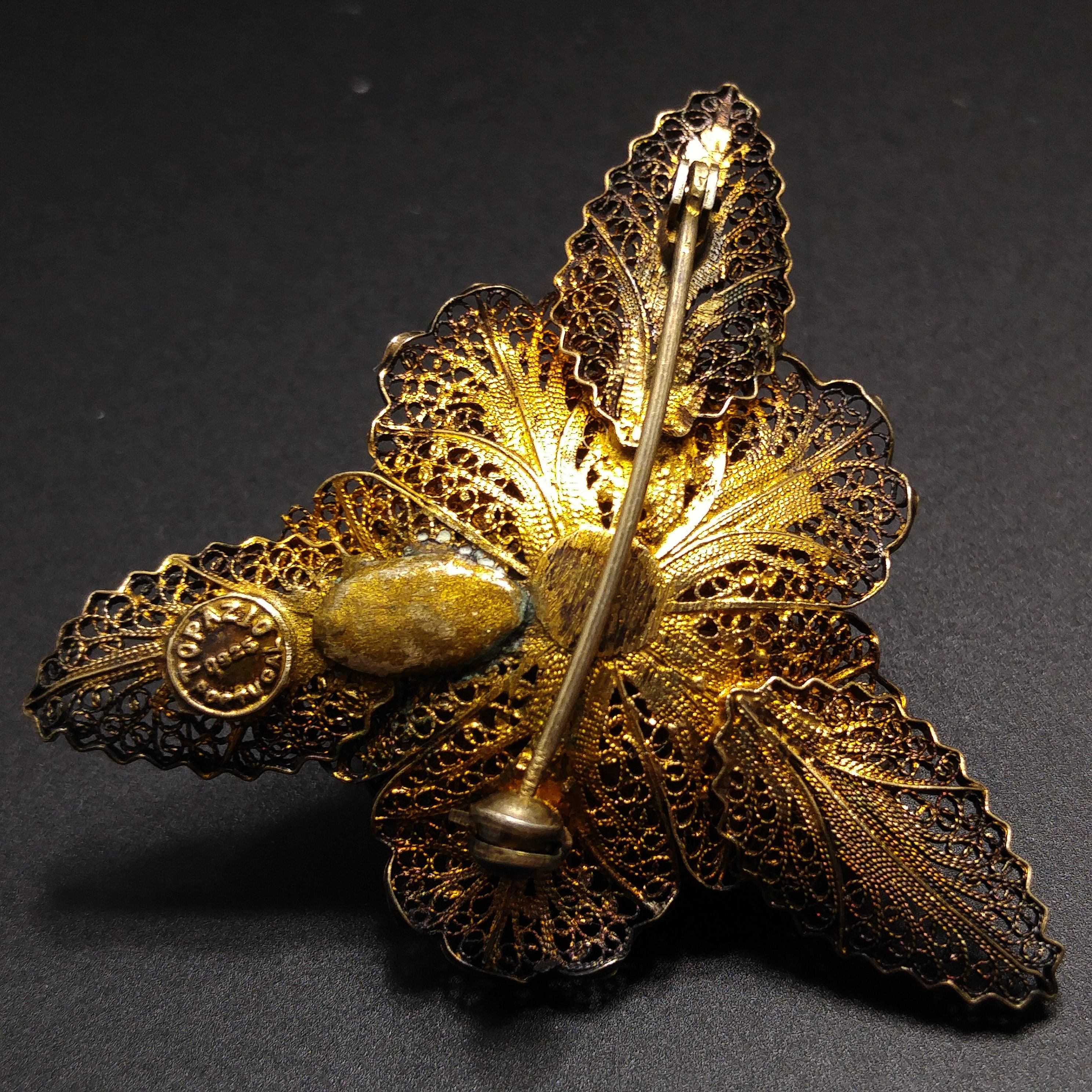 Topazio Portugal Flower Brooch, Silver Vermeil, 1930s