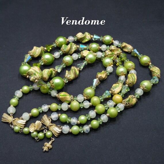 Vendome Green Beige Art Beads Green AB Cone Crystal Beads 1960s