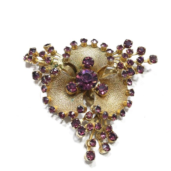 Purple Rhinestone Flower Brooch, Gold Plated, 195… - image 2