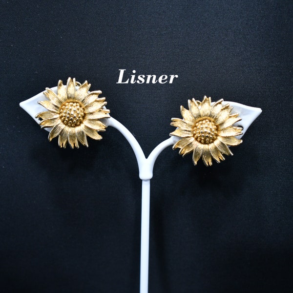 Lisner Sunflower Gold Plated Clip Earrings, 1950s Vintage Jewelry