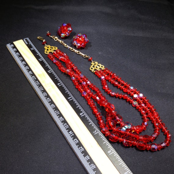 Czech Red Glass Beaded Necklace & Earrings, Fire … - image 5