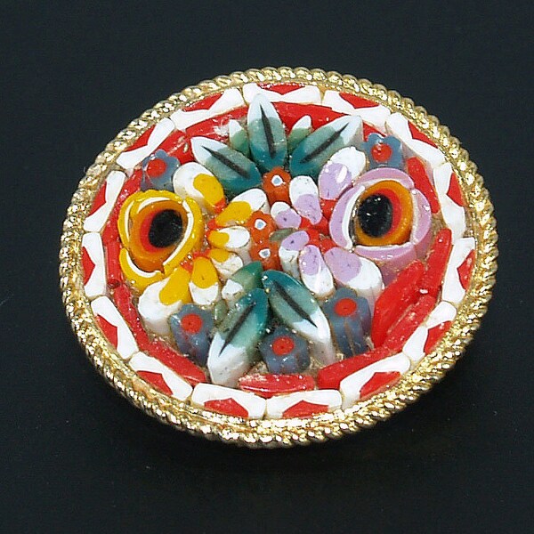 Broche Vintage En Micro-mosaïque Italienne à 2 Fleurs - Multicolore, Occasion, Pièce Unique
