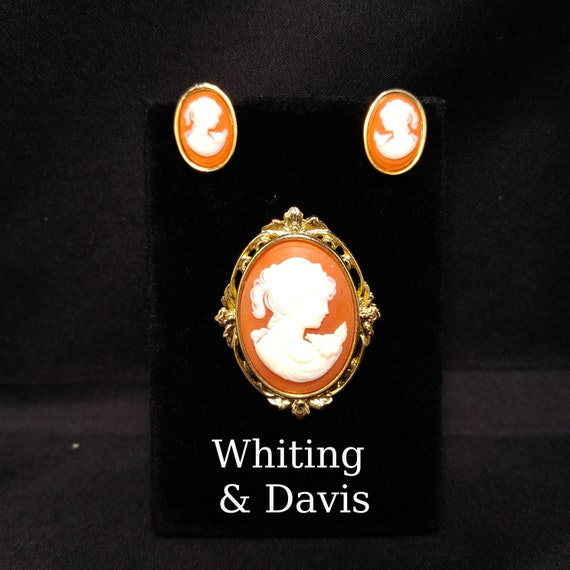 Whiting & Davis Cameo Brooch Post Earrings Set, L… - image 1