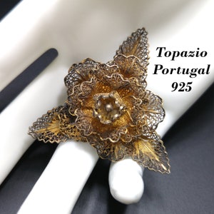 Topazio Portugal Flower Brooch, Silver Vermeil, 1930s Vintage Jewelry image 1