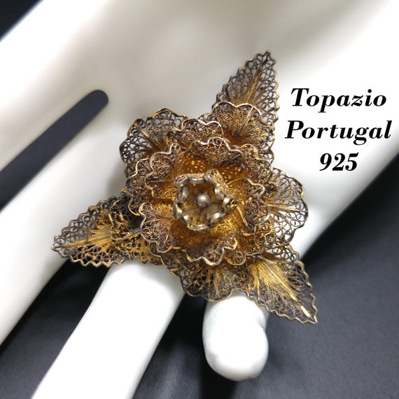 Topazio Portugal Flower Brooch, Silver Vermeil, 1… - image 1