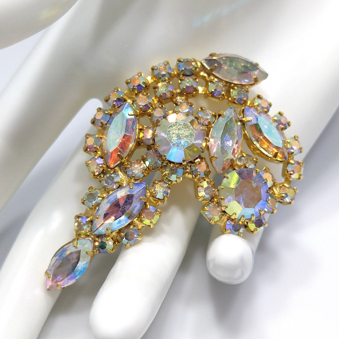 Aurora Borealis Rhinestone Brooch, Gold Plated, AB Clear