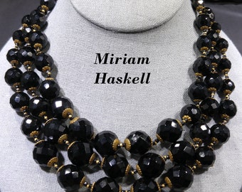 Miriam Haskell Black Beaded Necklace, Three Strands, 1960s Vintage Jewelry