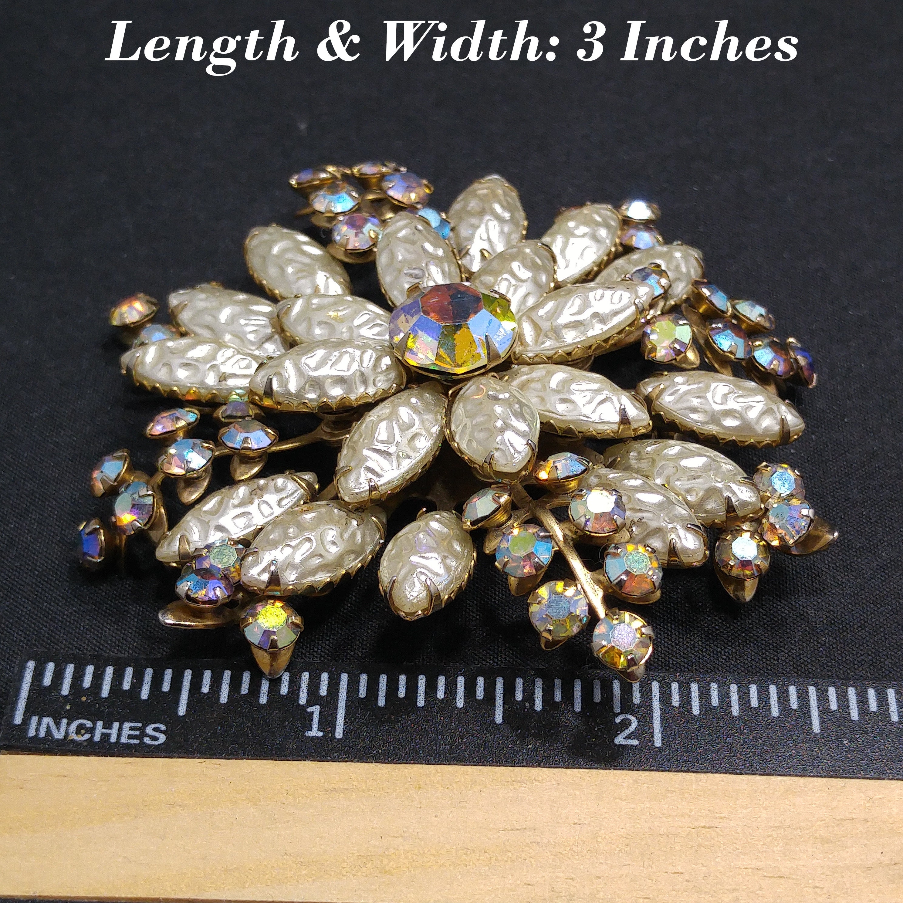 Large Flower Pearled Lava Glass Brooch, Aurora Borealis