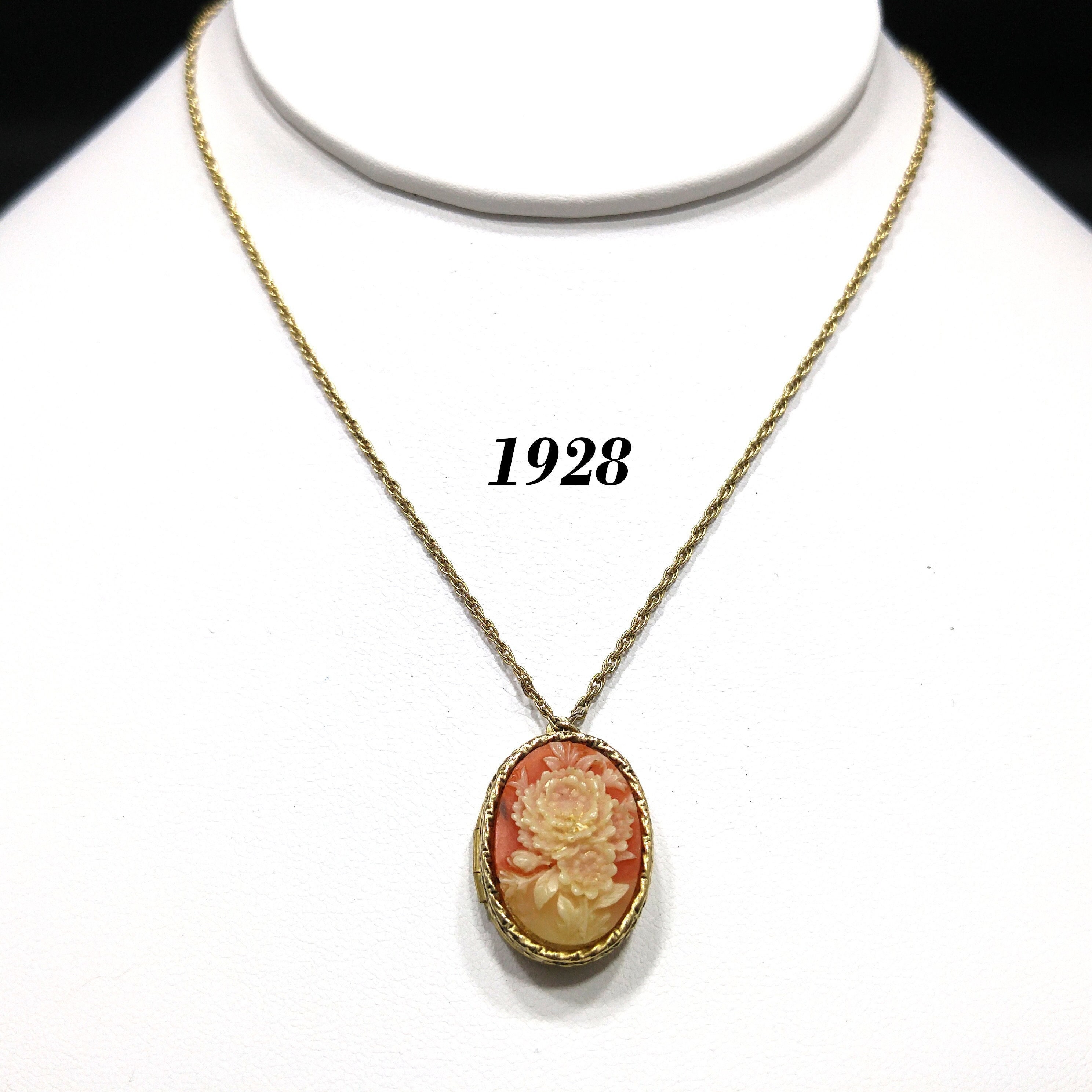 1928 Floral Cameo Locket Necklace Rope 