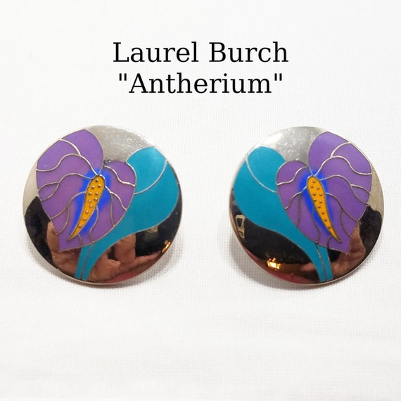 Vintage Laurel Burch "Antherium" Earrings, Rhodiu… - image 1