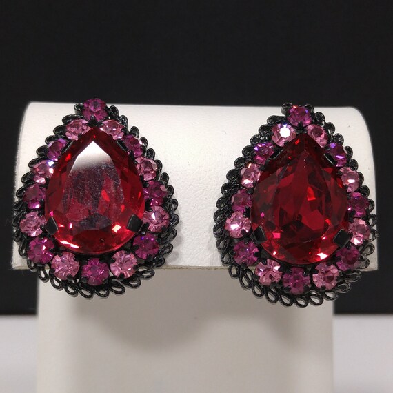 Austrian Red Pink Rhinestone Earrings, Japanned B… - image 2