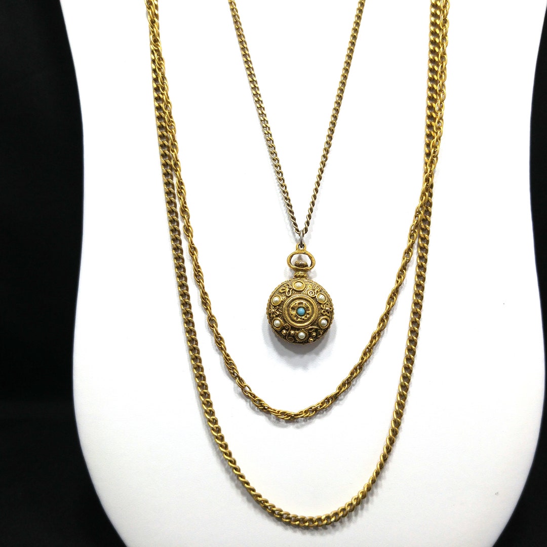 Goldette Three Strand Necklace, Long Chains & Pendant, 1960s Vintage ...