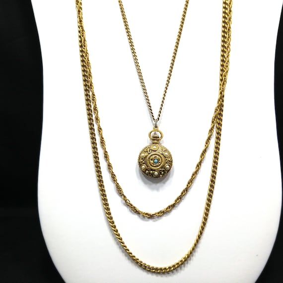 Goldette Three Strand Necklace, Long Chains & Pen… - image 1