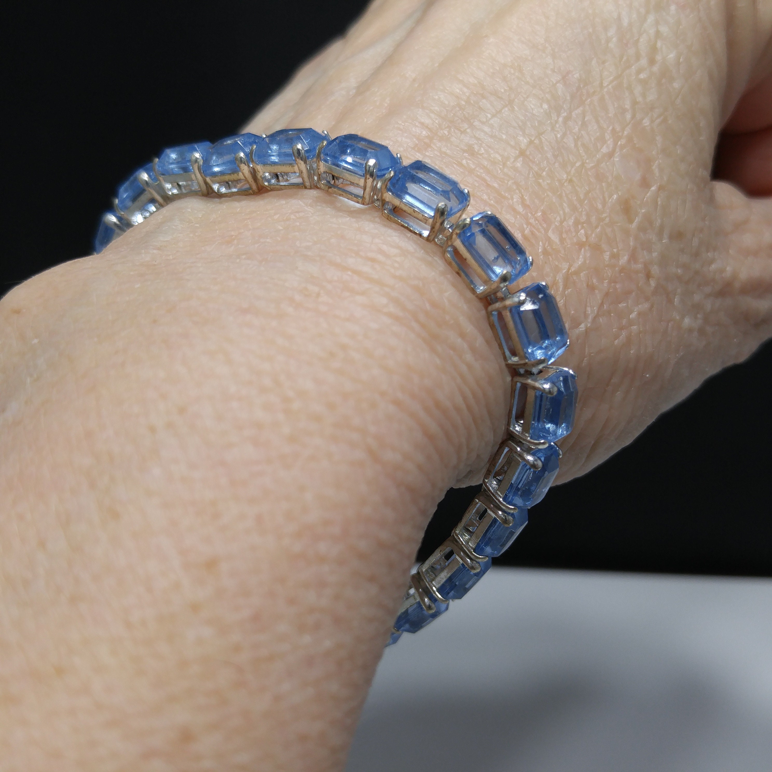 Monet Light Blue Lucite Rhinestone Bracelet, Gold Plated